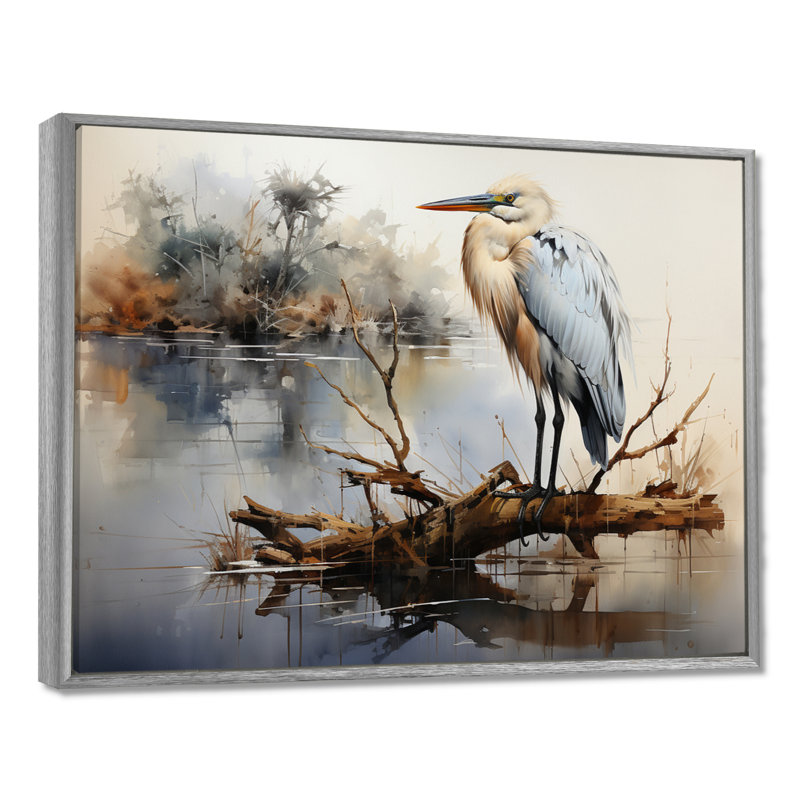 Héron au lac Horizon - héron, art mural, H 30 po x l 40 po x P 1,5 po, Encadrement argenté
