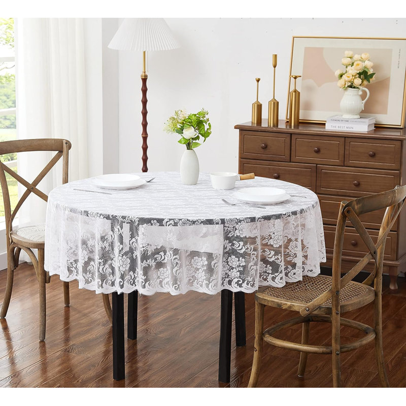 Keilly Round Floral Wedding Lace Tablecloth, 70" Round, White
