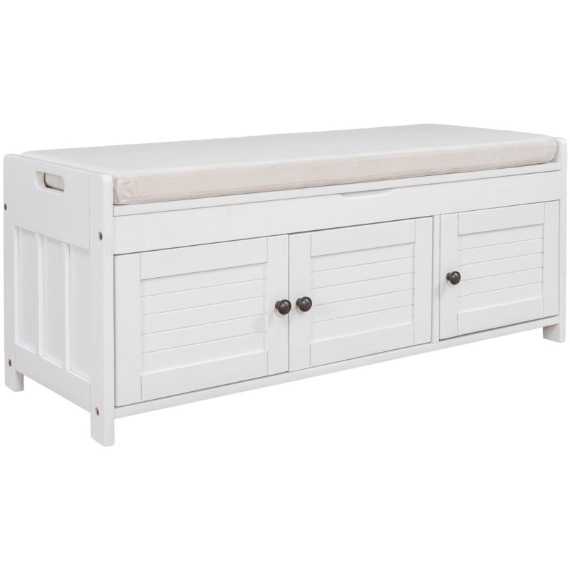 TREXM Storage Bench With 3 Shutter-Shaped Doors, Shoe Bench With Removable Cushion And Hidden Storage Space (White, OLD SKU: WF284226AAK)
