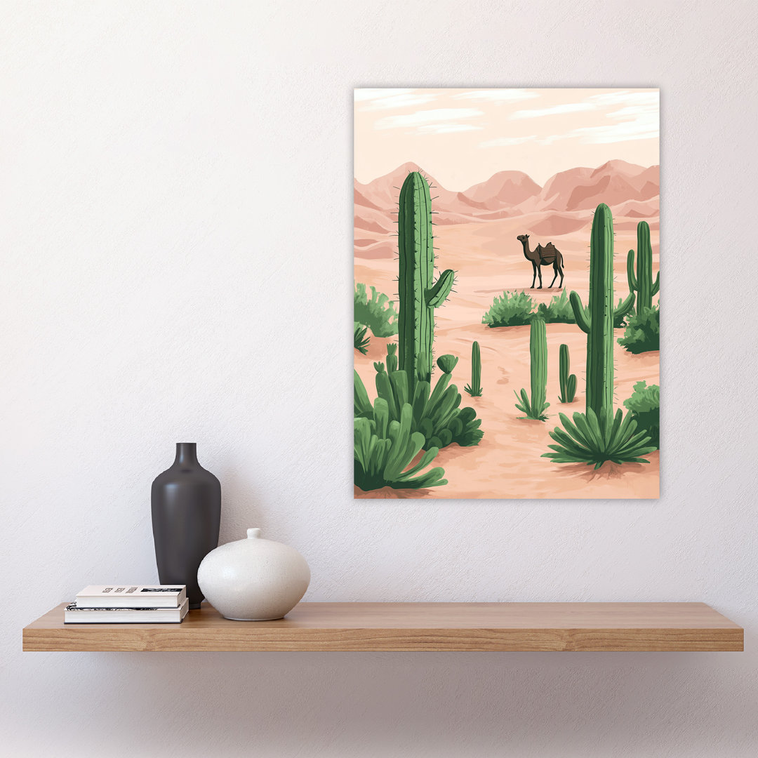 Camel in Desert Sand Dunes and Cacti Wall Art Print