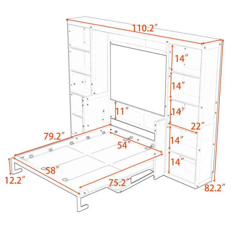 Lit escamotable en bois avec bureau intégré et bibliothèque, Double