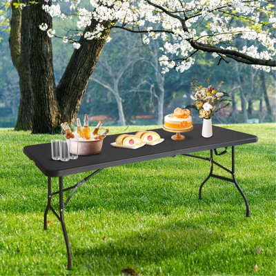 Table pliante 6 pi, table en plastique portable pour le camping, les pique-niques, les fêtes, table pliable à haute charge noire