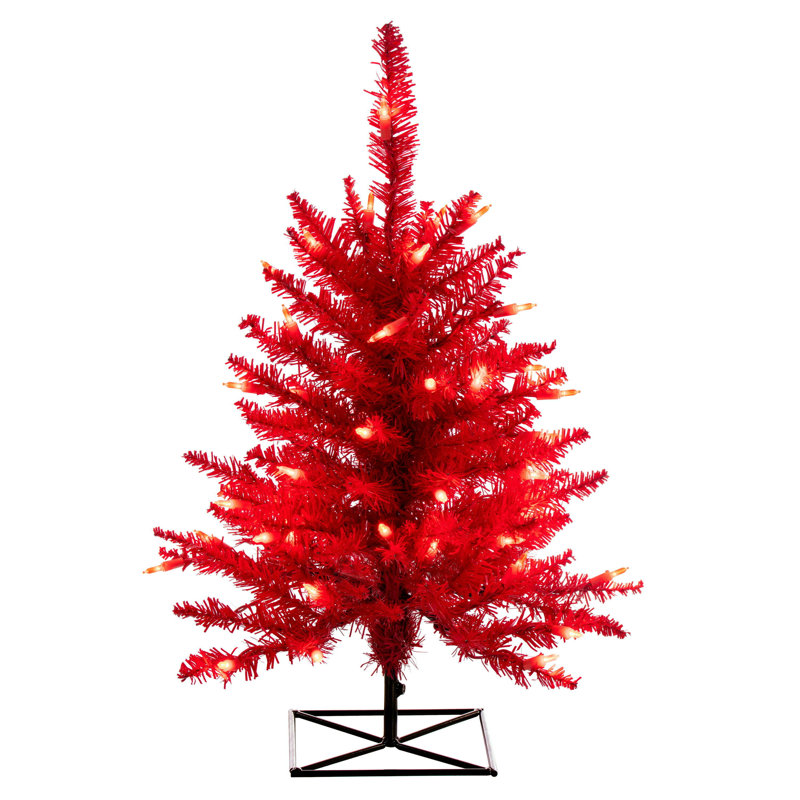 Artificial Christmas Tree with LED Lights with Stand, Red, 3' H