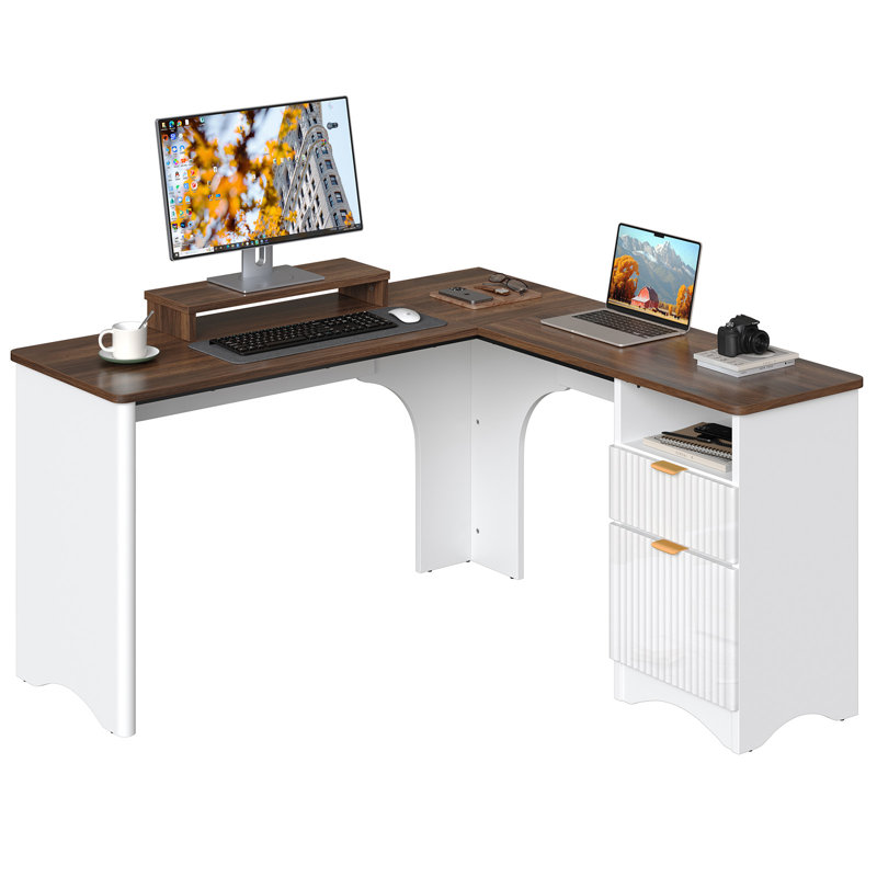 55'' L Shaped Executive Computer Desk with File&Storage Drawers,Home Office Writing Desk with Monitor Stand and Open Compartments