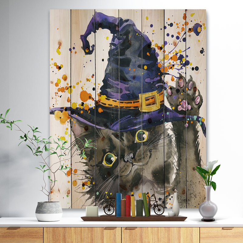 Chat d'Halloween et chapeau de sorcière - Peinture sur bois sans cadre, H 20 po x l 12 po x P 1 po