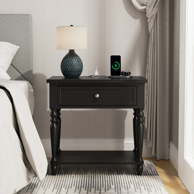 Table de chevet en bois massif avec tiroir, tablette ouverte, 2 prises de courant, 1 port USB et 1 port Type-C