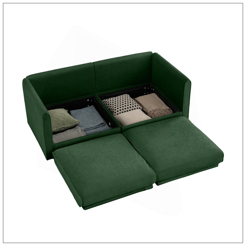 Élégant canapé 2 places en chenille verte avec siège de rangement, dossier cylindrique et accoudoirs, causeuse moderne en tissu avec espace de rangement caché