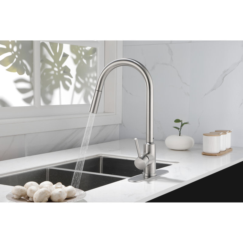 Pull Down Kitchen Faucet In Brushed Nickel - Stainless Steel, 360 Rotating Nozzle For Versatile Water Delivery, Single Handle Easy Temperature And Flow Control, Rust Treatment With Pull-Down Spray