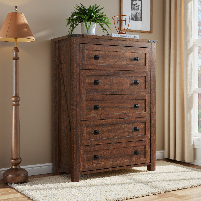 Farmhouse Wood Dresser - 5 Drawers, Versatile Storage, Brown