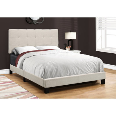 Lit double tapissier beige avec aspect lin et pieds en métal