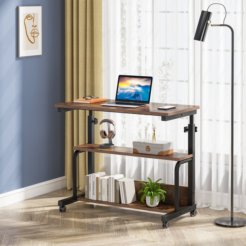 Alyiah Height Adjustable C Side Table With Wheels, Brown, Black