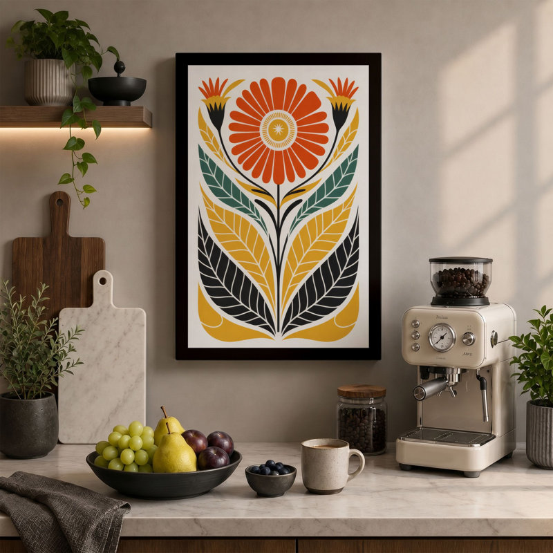 Symmetrical Bloom Scandinavian - Wrapped Canvas, 24x16 - 61.0 x 40.6 cm, Taupe Border