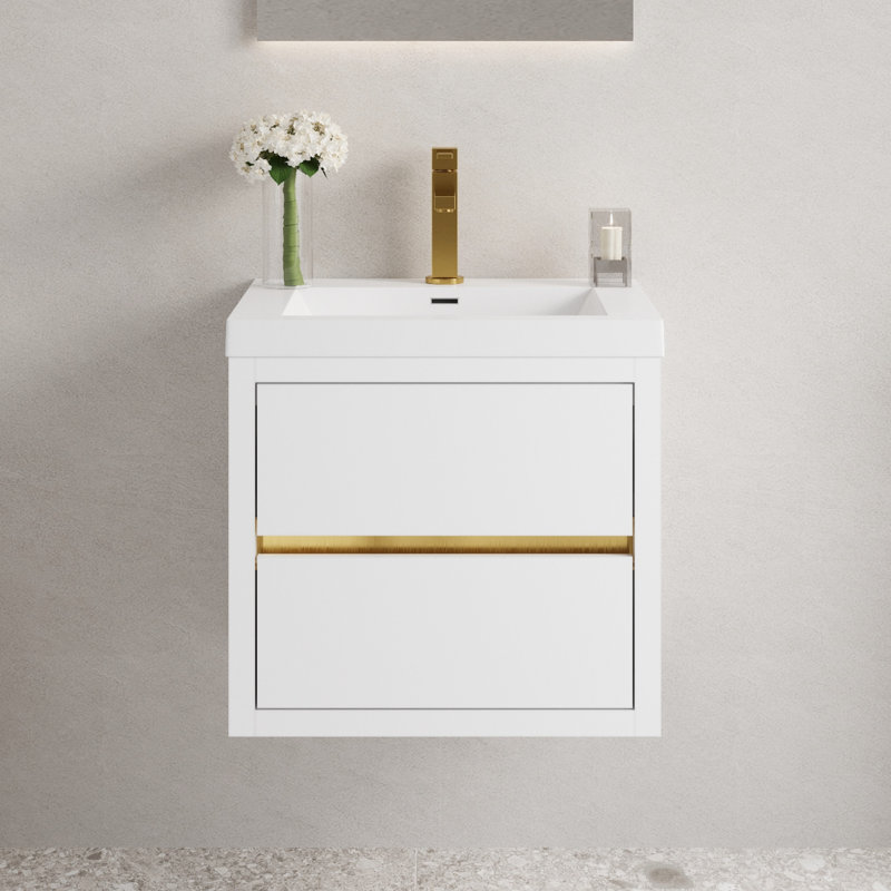 Meuble-lavabo de 24 po avec lavabo, blanc brillant. Pré-assemblé pour une installation facile. Rangement intérieur spacieux en forme de U. Système de tiroir à fermeture silencieuse. Comptoir en résine de pierre. - Armoire en bois. Invisible