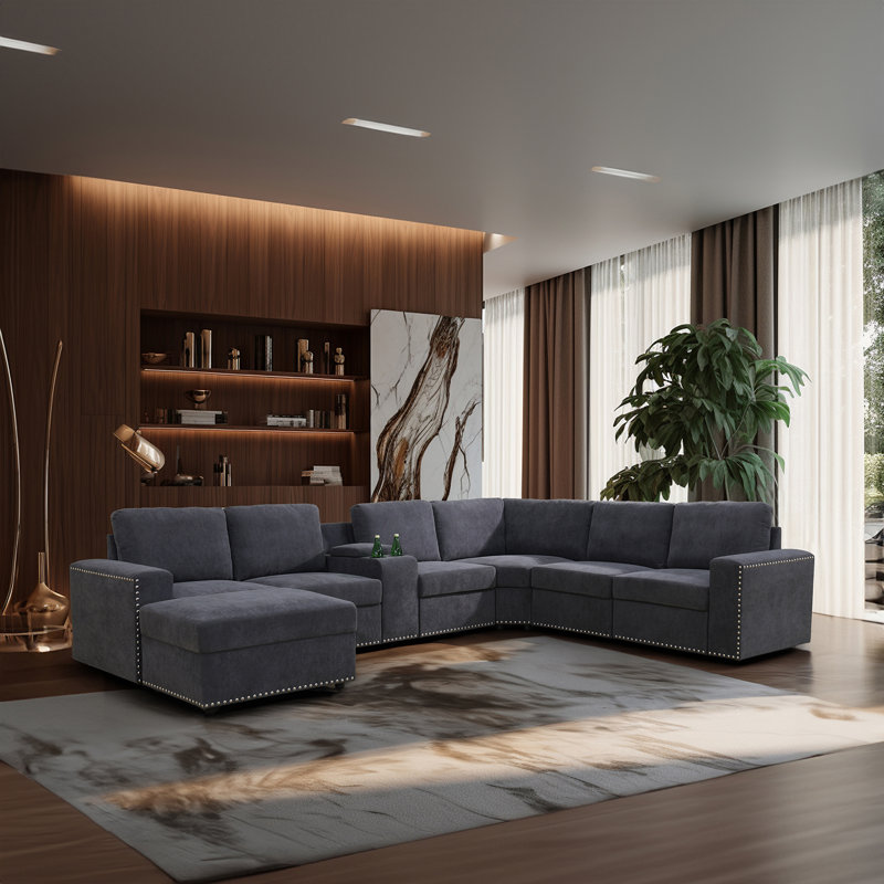 Dark Grey Corduroy 8-Piece Modular Sectional Sofa Set with Ottoman, Storage Console and Cup Holders, Gray