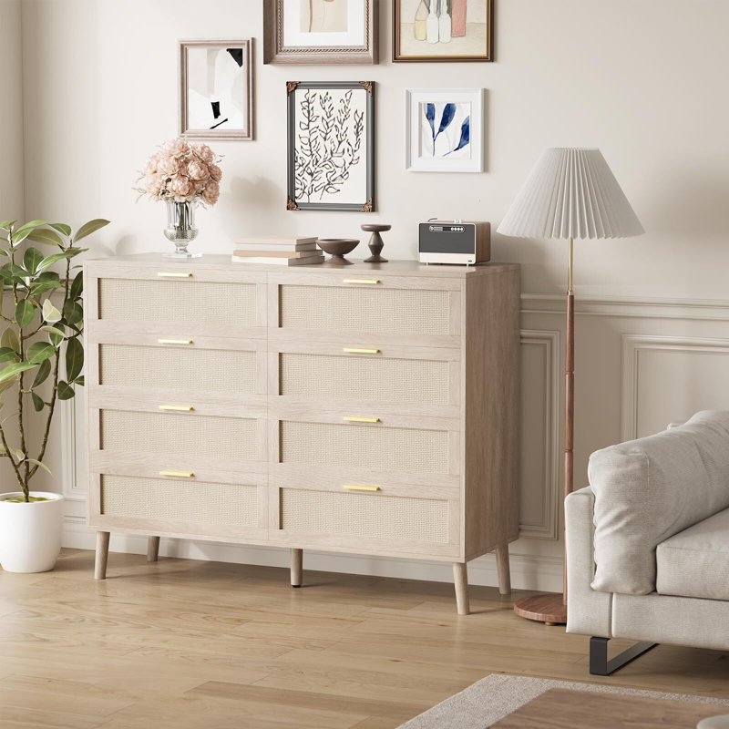 47'' Rattan 8 Drawer Dresser, Large Wooden Chest of Drawers with 5 Solid Wood Legs, Modern Wide Double-Drawer Dresser, Farmhouse Storage Drawer for Bedroom, Living Room