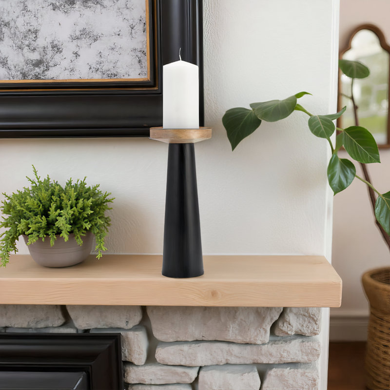 Mango Wood and Iron Pillar Candle Holder with Modern Tapered Design, 12" H x 5" W x 5" D