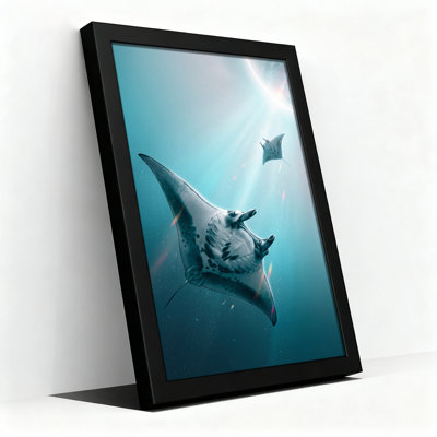 Manta Rays Swimming in Deep Blue Water with Moon Canvas Wall Art