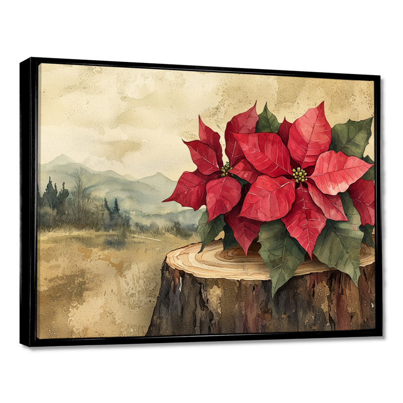 Gerius, fleurs de poinsettias rouges sur une glissade en bois III - décoration murale poinsettias, H 12 po x l 20 po