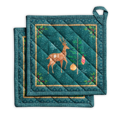 Maison d' Hermine Pot Holders Set 100% Cotton Heat Resistant Potholders 8" x 8" Hot Pads with Loop for Thanksgiving Christmas Decorations BBQ Baking Handling Hot Pans (Pack of 2, Hygge Christmas)