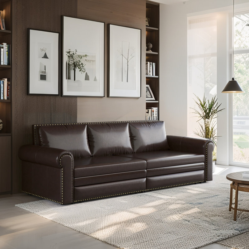 Canapé-lit Chesterfield, similicuir 3 en 1 et garniture cloutée, Brun