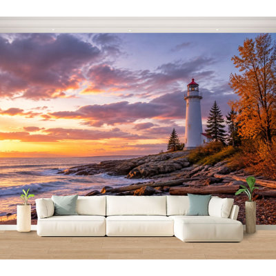 Wall Mural Peel and Stick Wallpaper Sunset Crisp Point Lighthouse sea ocean coastal beach Self-Adhesive Removable Contact Paper Wall Decor for Living Room Bedroom 100"H x 144"W