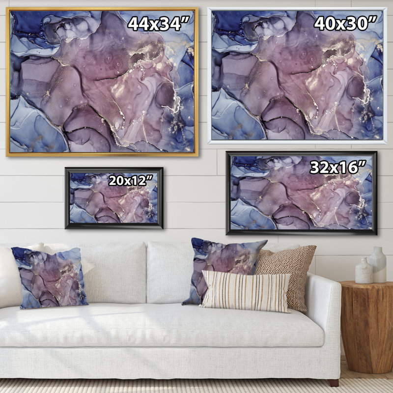 Gris et mauve, encre de marbre, impression sur toile murale moderne, Cadre flottant blanc, H 24 po x l 32 po x P 1 po