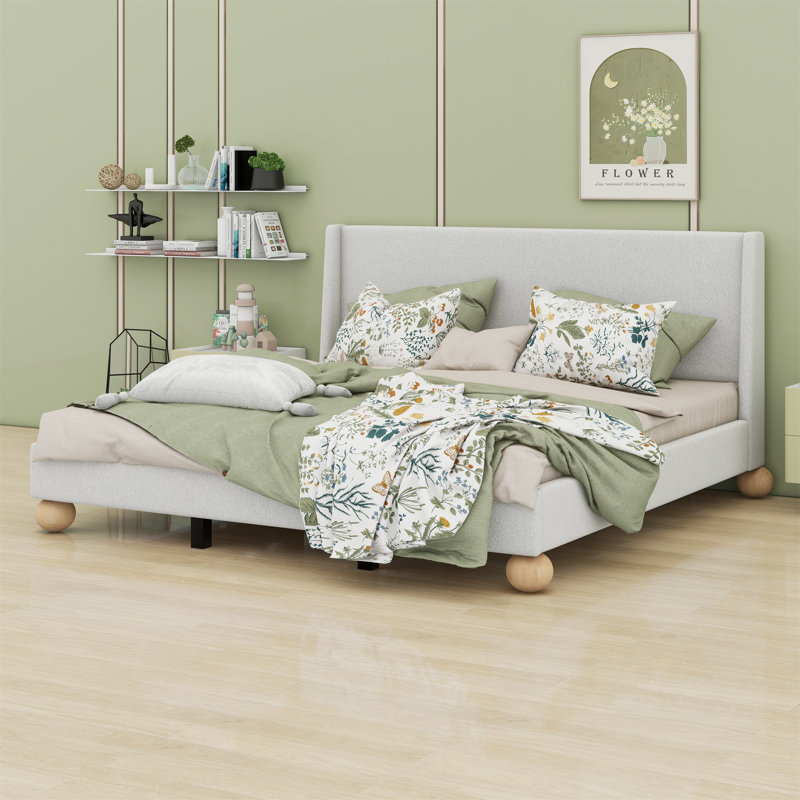 Lit plateforme tapissier avec tête de lit à oreilles et pieds en bois, Beige