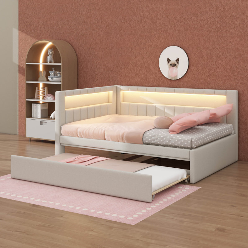 Lit plateforme entièrement rembourré avec ports USB, bande à DEL et lit gigogne, Double, Blanc