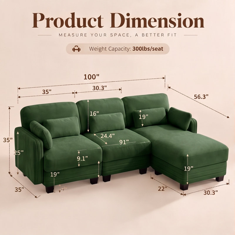 Canapé modulaire capitonné avec dossier réglable Channel, Chenille verte, 35" H x 100" W x 56.3" D