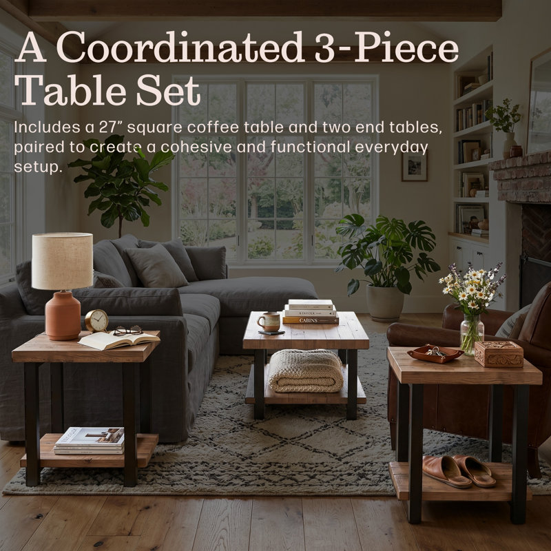 Pomona 3-Piece Living Room Table Set – 27” Square Coffee Table & 2 End Tables