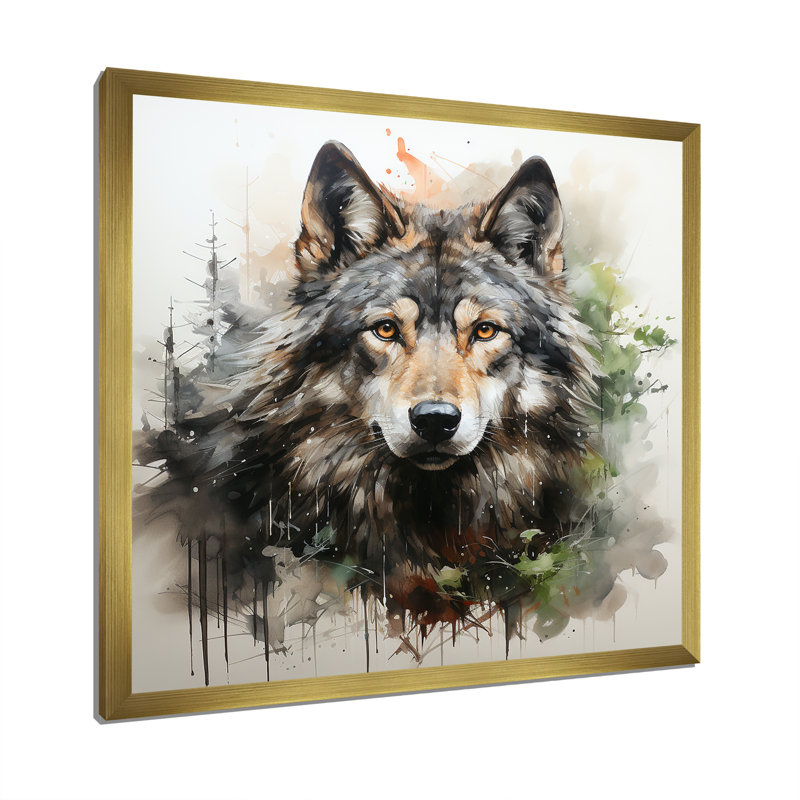Solitude, portrait de loup II - loup grand, art mural, Cadre doré simple, H 16 po x l 16 po x P 1 po