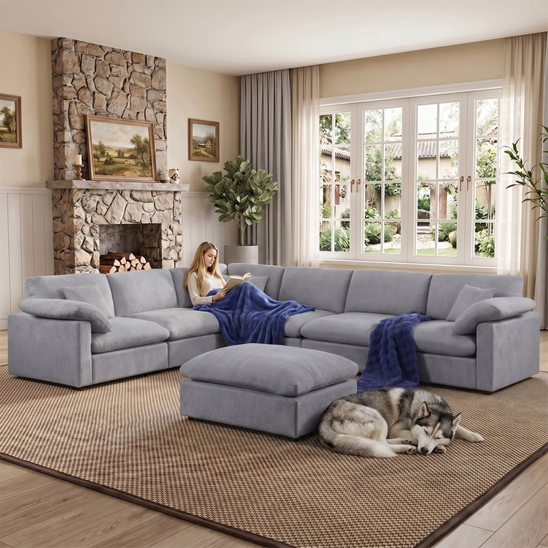 Canapé modulaire surdimensionné réversible à assise profonde 7 pièces 144 po Chenille, Chenille gris pâle