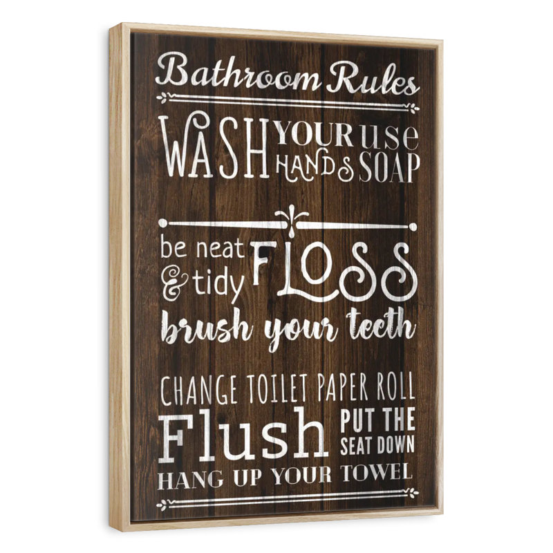 Rustic Bathroom Rules, 27" x 40", Floating Frame Natural Wood