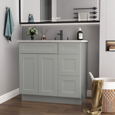36 In. W X 21 In. D X 34.5 In. H In Shaker Grey Plywood Ready To Assemble Floor Vanity Sink Base Kitchen Cabinet With Right Door