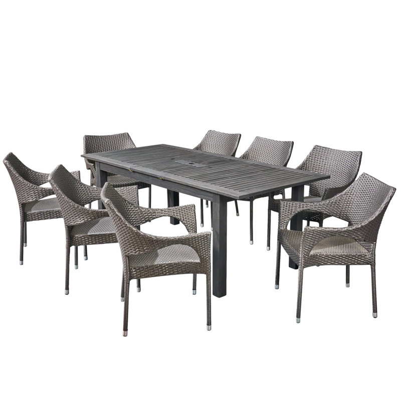Bruton 8 - Person Acacia Solid Wood Patio Dining Set Extendable Rectangular Table, Sandblast Dark Gray/Gray