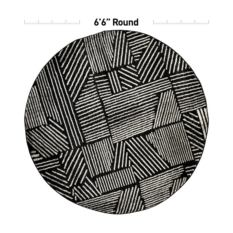 Tapis géométrique noir / ivoire Rambo, Rond 6 pi 7 po, Black