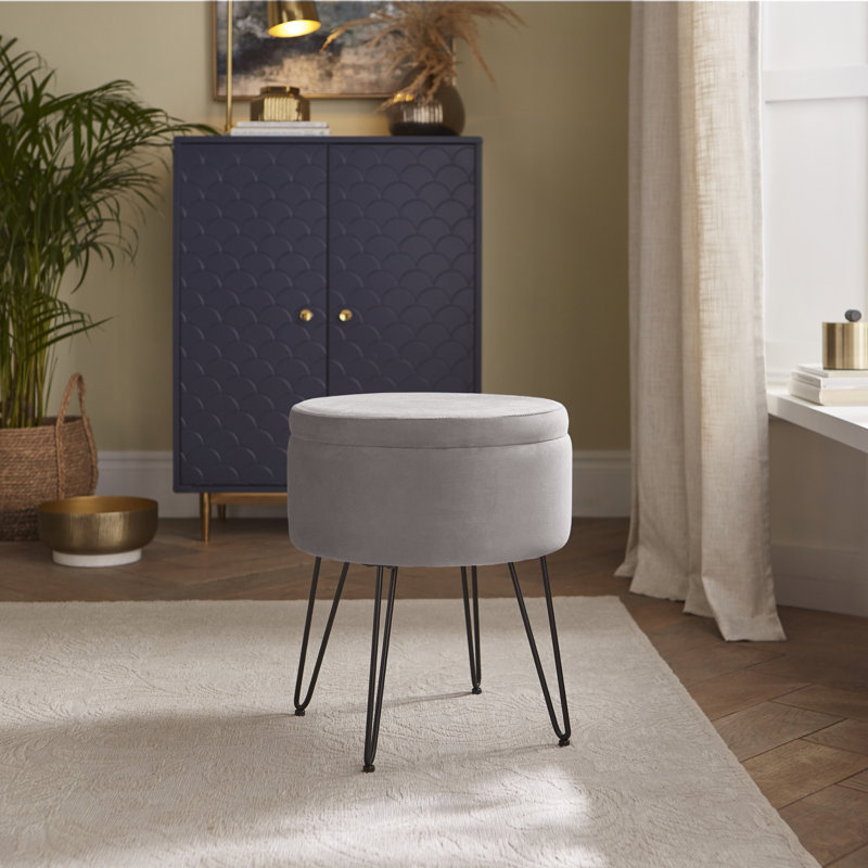 Tamicka 38cm Wide Velvet Round No Pattern Pouffe Ottoman with Storage, Grey