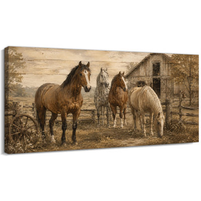CXVU, grand cheval, reproduction murale sur toile, reproduction d'art sur toile à motif de trois chevaux rétro, peinture sur toile pour salon chambre 16 x 32 po