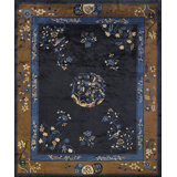 Soft Wool Pile Antique Blue Field Brown Border Chinese Peking Rug