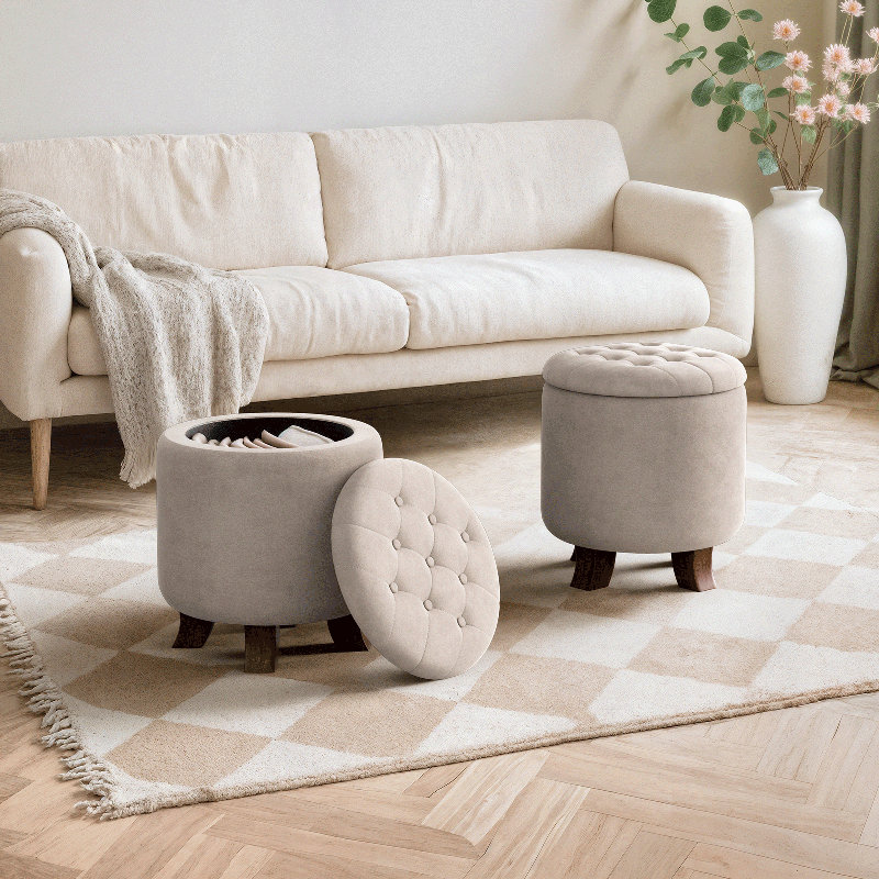 Upholstered Storage Ottoman Bench Button Tufted Round Ottoman Footrest Stool for Living Room Bedroom, Beige
