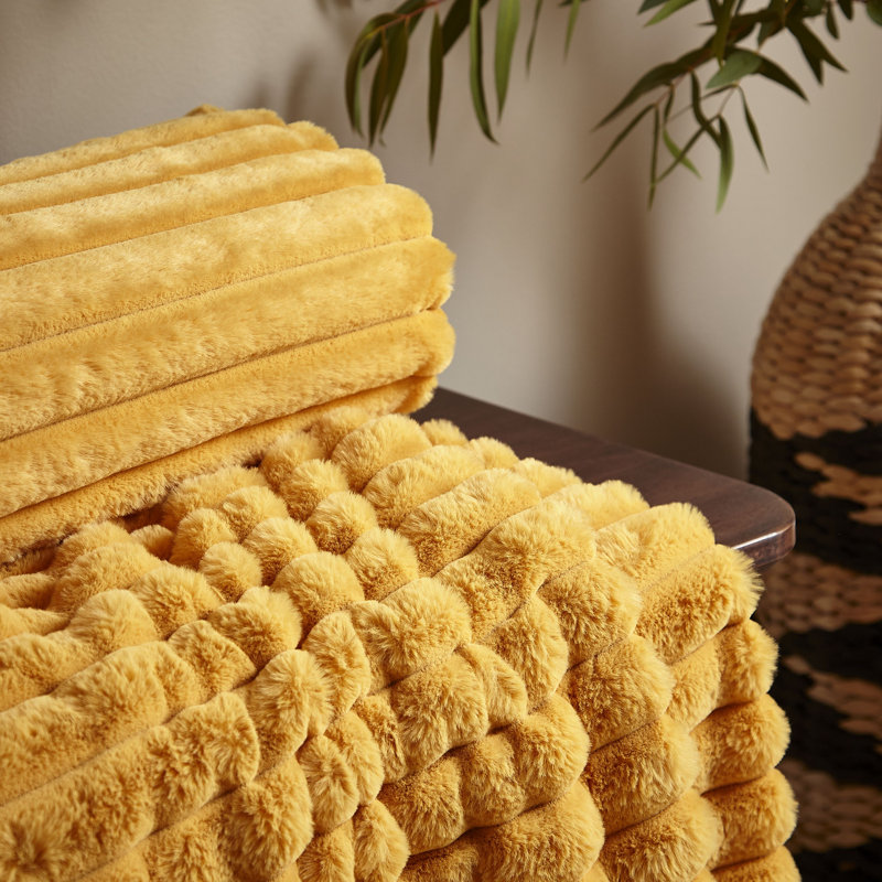 Cosy Ribbed Faux Fur Blanket Throw, Mustard