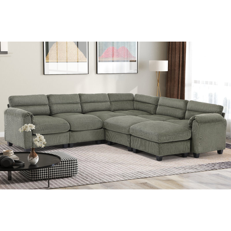 Dona 8-Piece Corduroy Upholstered Modular Sectional, 2 Ottomans, Pillowtop Arm, Green Corduroy