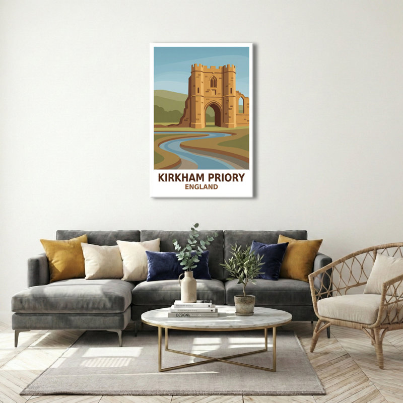 Kirkham Priory, England - Romantic Travel Poster of Historic Ruins by the River. Giclee Print on Wrapped Canvas. Wall Art, Home Decor - Religious & Cultural Sites, England 1 Piece Wrapped Canvas Wall Art