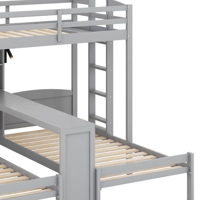 Lit superposé avec bureau intégré et tablettes de rangement, 3 lits superposés 3 en 1 avec lampe de lecture et garde-corps