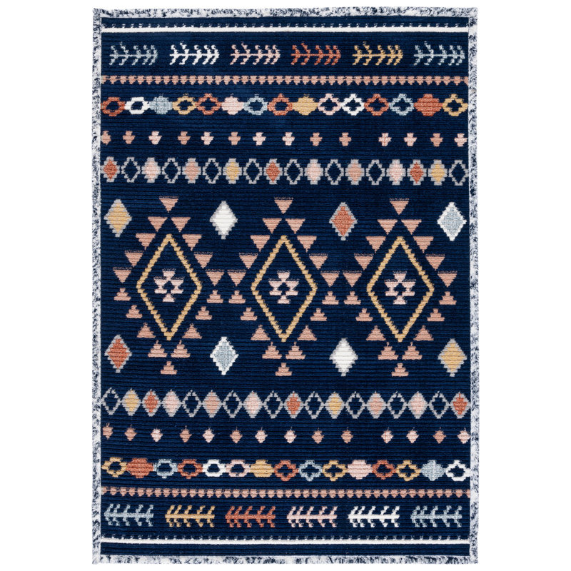 Baston Southwestern Navy/Orange/White Area Rug, Rectangle 8' x 10'