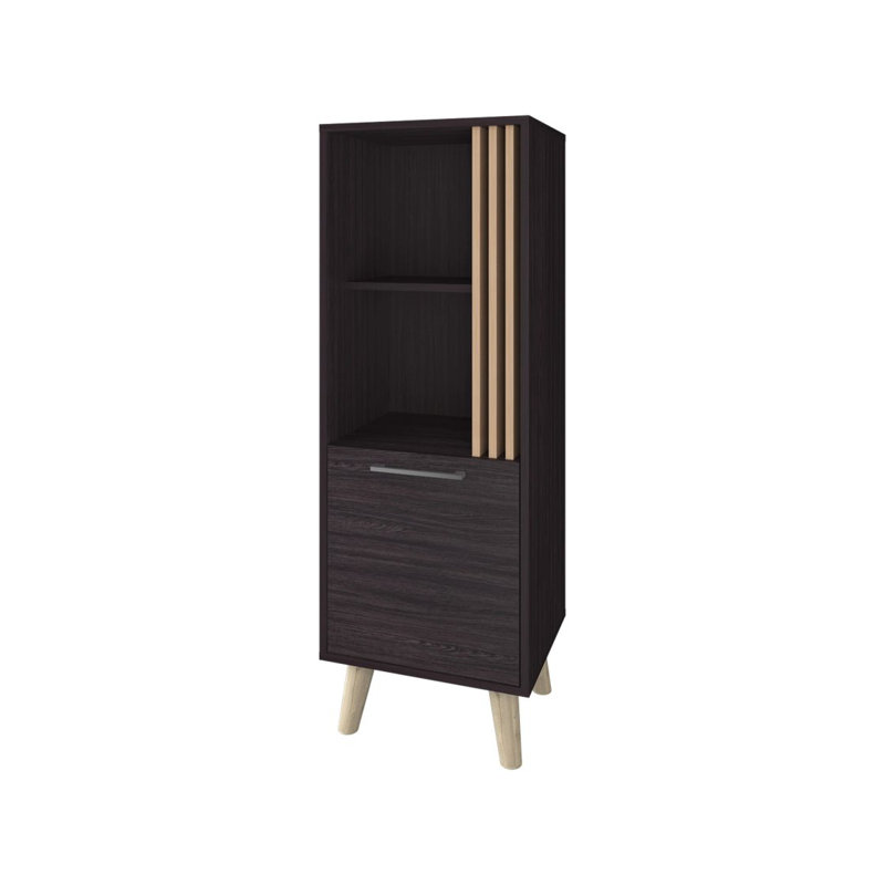 Armoire de rangement en wengé et chêne naturel avec porte et rangement ouvert