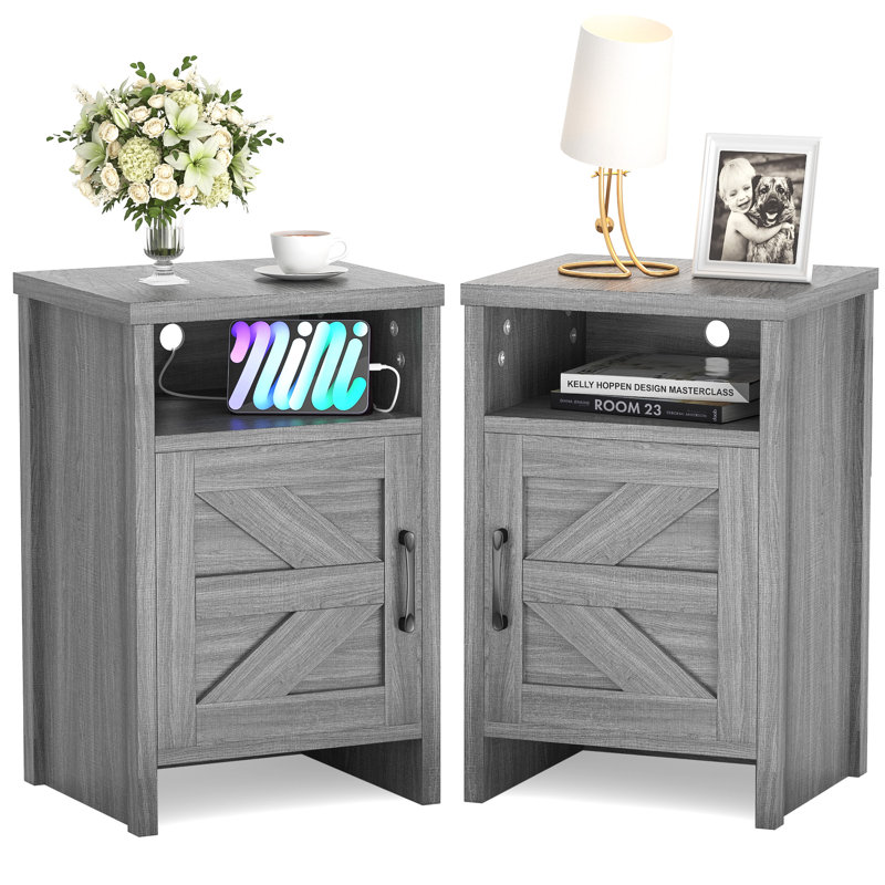 Solid and Manufactured Wood Nightstand with Storage Cabinets, Gray