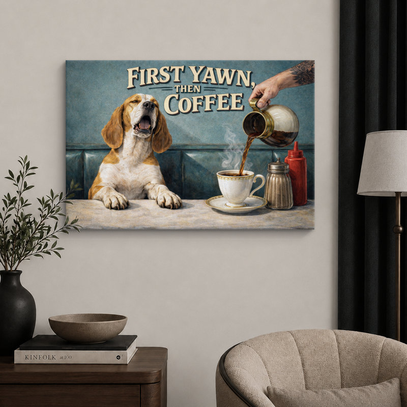 Œuvre de chien rétro, bâillement puis café, photos de cuisine de café, impression sur toile encadrée, Toile tendue