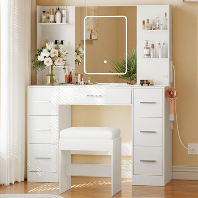 Vanity Desk With Mirror, LED Light And Cushioned Stool For Bedroom And Dressing Room