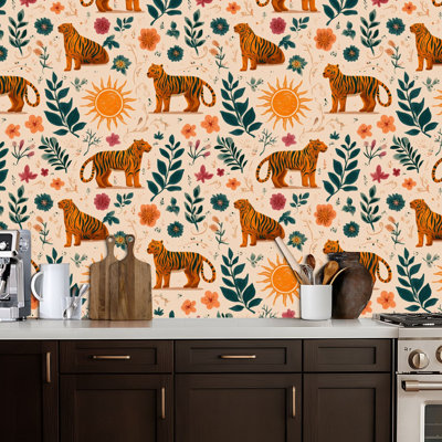Peel and Stick Wallpaper Tiger Floral sun Vintage fall autumn Golden Colorful Botanical Vintage Contact Paper Removable Self Adhesive Wall Mural Wall Decor for Bedroom Kitchen Cabinets 24in x 118in